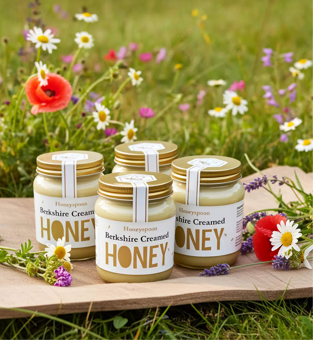 Four jars of creamed honey in a summer meadow