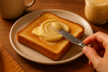 Toast with butter, spreading creamed honey over with knife