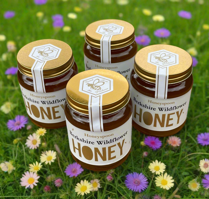 Wildflower Honey, Four Pack (4 x 227g) with background of spring flowers
