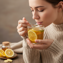 Woman sipping honey and lemon drink
